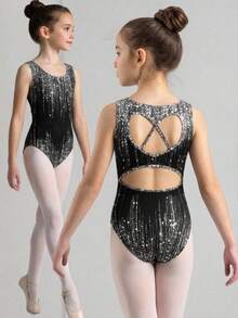 SHEIN Tween Girls' Casual Sports Gymnastics Yoga High Stretch Tie-Dye Printed Hollow-Out Back Heart Jumpsuit - Black - View 7