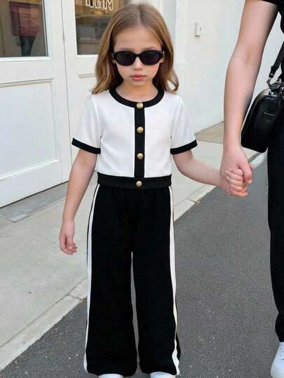 SHEIN Firerie Kids Young Girl Casual Round Neck Contrast Color Top And Straight Leg Pants Set