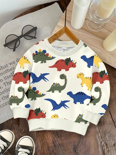 SHEIN 年轻男孩休闲简约卡通恐龙印花宽松圆领舒适针织长袖运动衫，适合秋冬季
