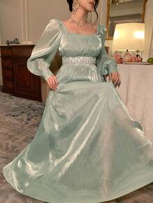 DAZY Women's Square Neck Mesh Waist Cinching Long Dress - Multicolor - View 1