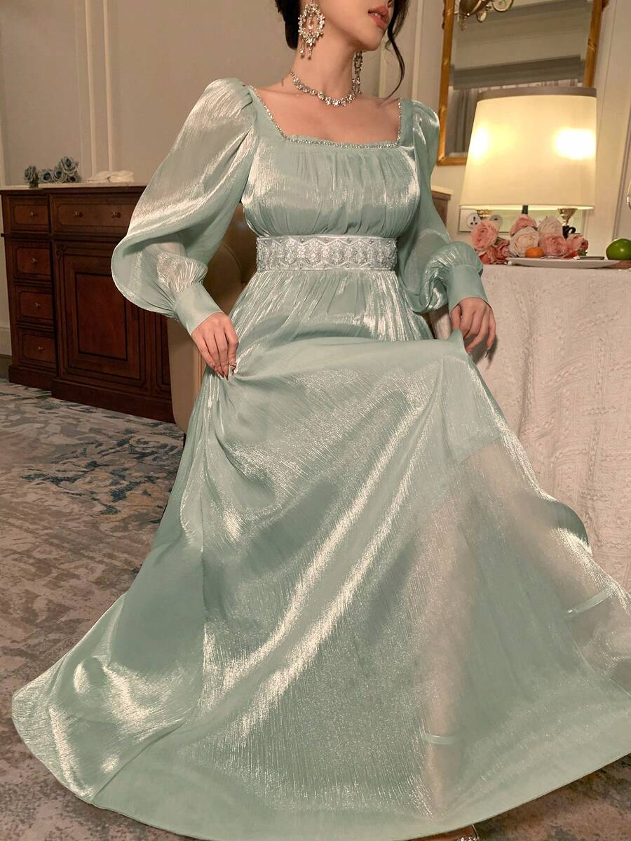 DAZY Women's Square Neck Mesh Waist Cinching Long Dress - Multicolor - View 1