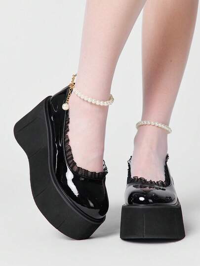 ROMWE Kawaii Women's Spring/Summer Mary Jane Platform Wedge Heels - Stylish Retro Single Strap Round Toe Low-Cut Shoes With Lace Trim And Pearl Embellishments, Suitable For Nightclubs, Festivals, Parties, And Commuting.