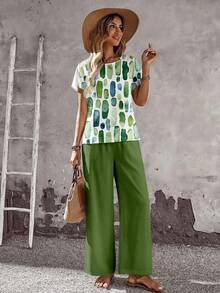 EMERY ROSE 2pcs/Set Women Casual Loose Fit Round Neck Top And Wide Leg Pants, Versatile Outfit For Spring/Autumn,Casual - Multicolor - View 6