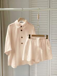 SHEIN EZwear 杏色梭织女士纯色落肩短袖前开襟休闲套装，舒适透气的亚麻衬衫，女士亚麻衬衫两件套，衬衫套装，亚麻短裤套装 - 杏色 - 查看 5