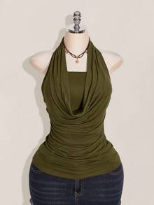 SHEIN ICON 加大码 2 件套 西式女士外出夏季波西米亚风露背棕色吊带背心和吊带衫 - 軍綠色 - 查看 3