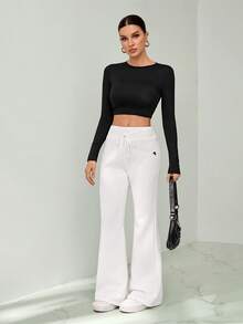 SHEIN Tall Women's Embroidery Flare Pants, Fashionable Design Suitable For Summer Flare Sweat Pants - White - View 6