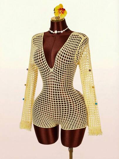 Amplova Women's Solid Color V-Neck Long Sleeve Hollow Design Knitted Jumpsuit Summer Outfit For Women Spring Outfit Festival Party Easter Dress Women Beach Vacation Outfits For Women Weddings & Events Graduation Going Out Birthday Elegant Beach Vacation Outfits For Women Casual Outfit For Women