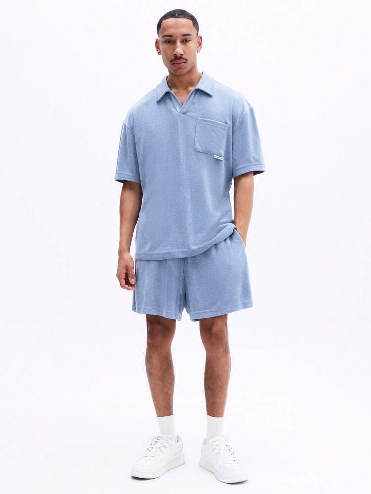 Light Blue Polo Collar Co Ord Set With Shorts