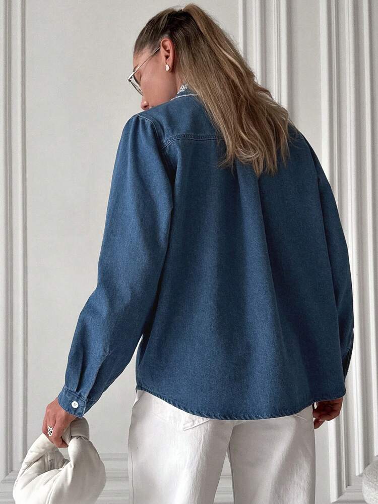Women's Casual Cowgirl Colorblock Embroidered Loose Turndown Collar Long Sleeve Shirt, Elegant Formal Denim Top For Autumn/Winter