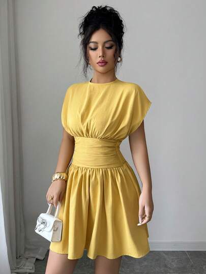 SHEIN Elenzya Women's Elegant Solid Color Sleeveless Pleated Waist Short Cream Yellow Dress, Summer