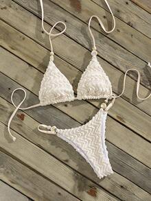 Swim Chiccia Women's Beach Spring/Summer Music Festival Knitted Jacquard Beaded Strap Thong Sexy Vacation Style Bikini Set - Beige - View 5