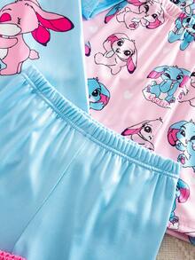 Genkimix Kids Bộ đồ ngủ 6 món cho bé gái lớn, cổ tròn, tay ngắn và quần short, họa tiết thỏ màu xanh dương và hồng tím ngộ nghĩnh, thời trang, đa năng, thích hợp mặc ở nhà và ngủ. - Nhiều màu - Xem 4