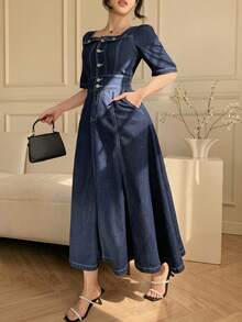 DAZY 女士休闲水洗假口袋方领泡泡袖牛仔连衣裙，夏季，婚礼宾客礼服 - 深色水洗藍 - 查看 6