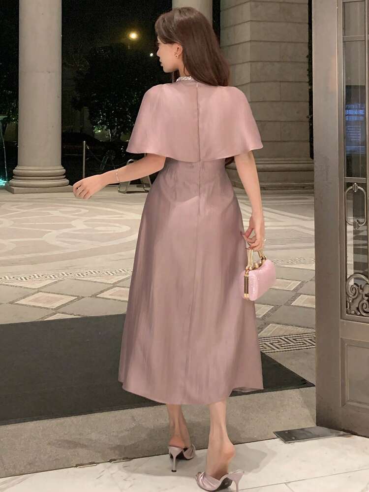 Women's Elegant Solid Color Rhinestone Embellished Midi Dress Summer,Wedding Guest Dress Women Sundress