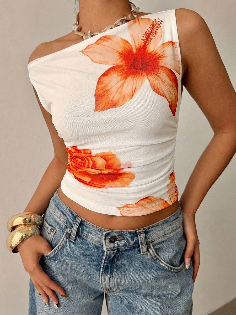 Siren Gaze 夏季休闲不对称领口上衣 女款 白色碎花印花 褶皱紧身沙滩度假 2025 Y2K 节日时尚上衣 外出上衣 碎花不对称领口紧身印花网纱T恤 女款碎花印花不对称褶皱领口时尚上衣 单肩上衣 女款单肩上衣 性感夏季上衣 碎花上衣 女款性感上衣 女式上衣 夏季女装 女式短袖上衣 夏季女式上衣 女士紧身衣 女式上衣 夏季可爱上衣 - 橘色 - 查看 1