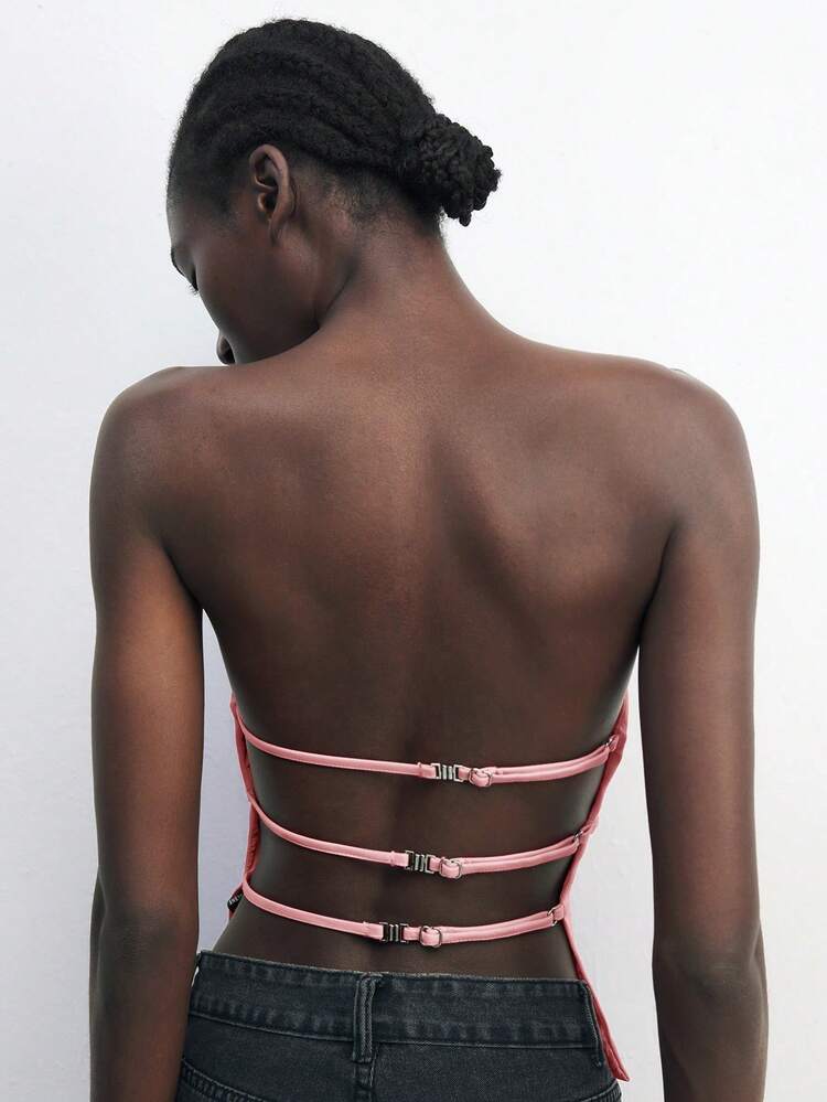 SHEIN Maija Débardeur décoratif réglable sans dos pour femmes, tenue de bureau , convient pour le style business casual "Old Money" printemps/été. Top élégant sans épaules avec décoration métallique