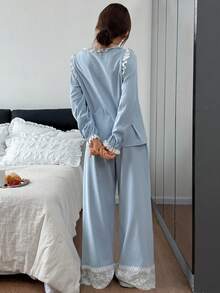 DAZY Conjunto de pijama de mujer con contraste de color elegante y dulce con aplicaciones de encaje - Azul - Ver 2