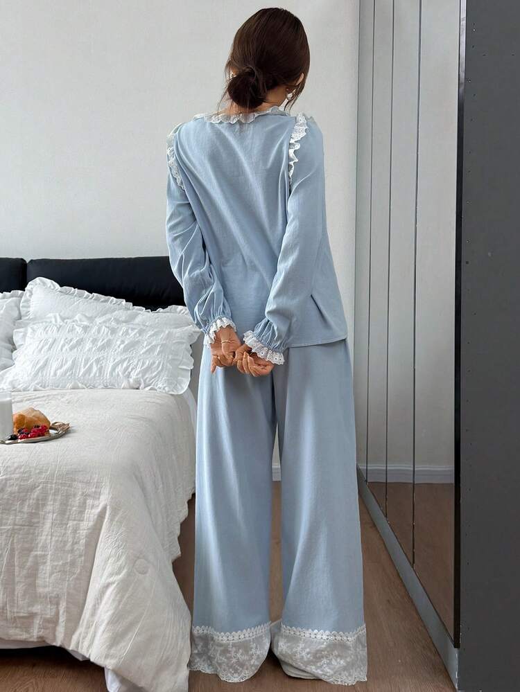 Elegant & Sweet Contrast Color Lace Patchwork Women Pajama Set
