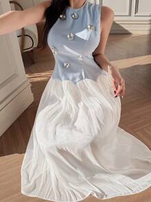 DAZY Women 3D Floral Decor Contrast Color Mid-Length Dress Summer Sundress - Grey - View 3