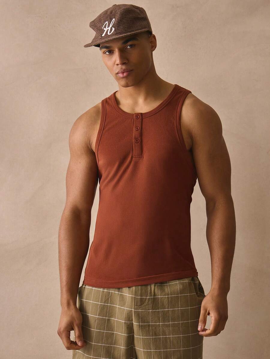 Musero Áo tank top ôm dáng, chất liệu gân, cài khuy ¼ hàng đầu, thích hợp cho mùa xuân hè và các kỳ nghỉ. - màu nâu - Xem 1