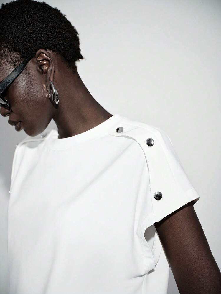 SHEIN Luminelle Women's Casual Solid Color Round Neck Button T-Shirt, Spring/Summer - White - View 3