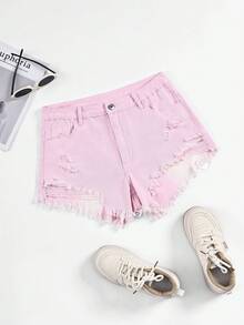 SHEIN EZwear Summer Casual Washed Distressed Denim Shorts - Hot Pink - View 3