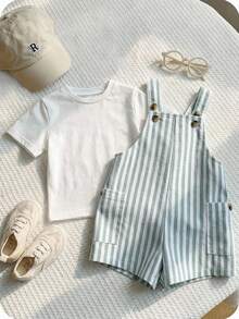 SHEIN Newborn Baby Boy/Girl Blue White Stripe Overall Set,Summer Casual Cute Family Matching Green Striped Romper,Gender Neutral Toddler Outfit For Party - Multicolor - View 5