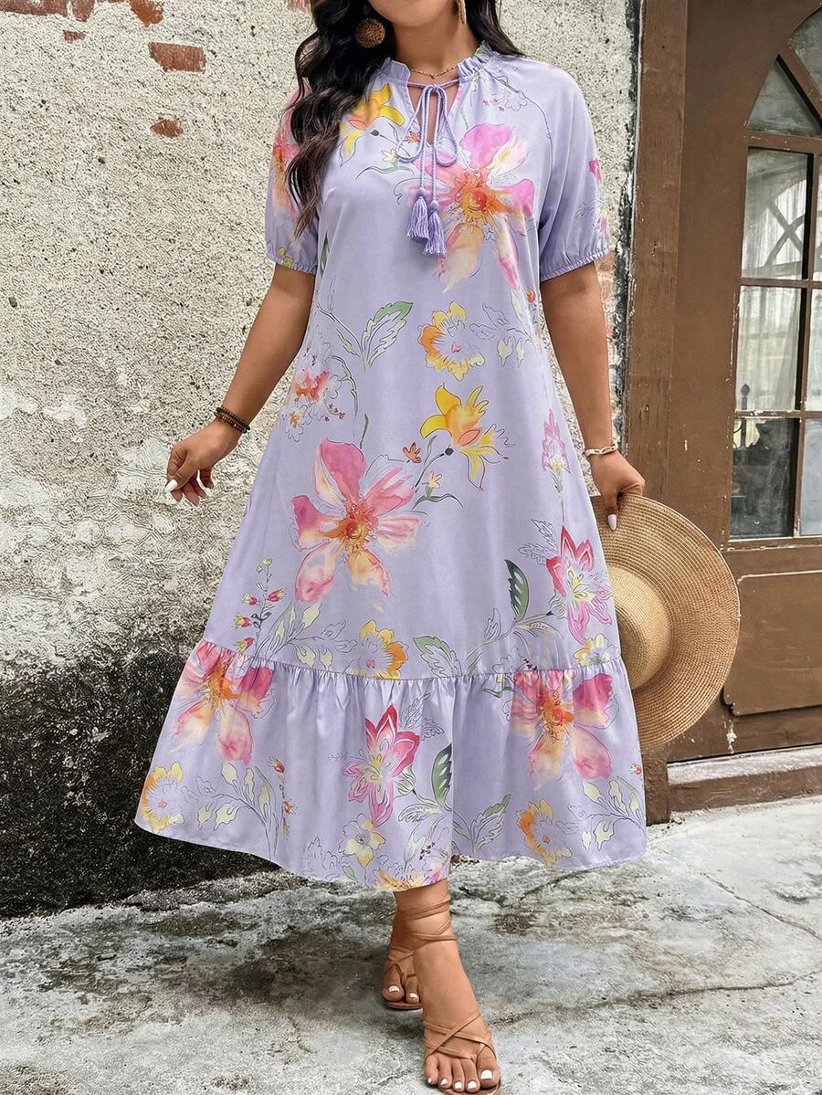 SHEIN LUNE 女士碎花印花长裙，休闲度假风夏季女装，夏季女装，夏季服装 - 紫羅蘭色 - 查看 1