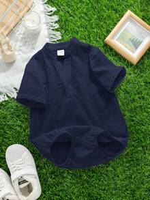 SHEIN Baby Boy/Girl Casual Daily Wear Mandarin Collar Snap-Up Romper, Suitable For Spring/Summer Indoor & Outdoor - Navy Blue - View 6