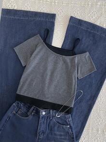 SHEIN Girls' Casual 2 In 1 Streetwear T-Shirt, This T-Shirt Features Letter Slogan And Car Graphic Prints, With Cold Shoulder Short Sleeve Design, Suitable For Summer Leisure Activities, Shopping, And Photo Shoots. - Grey - View 2