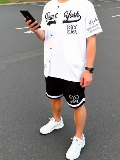 SHEIN 2pcs Teen Boys Casual Short Sleeve Shirt + Shorts Set, Street Punk Rock School Daily Outings Party Music Festival Outfit, Suitable For Spring/Summer, Sports, Number & English, Color Blocking