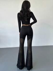 Firerie Quần ống loe ôm sát, cạp thấp, chất liệu ren mỏng, màu đen, dành cho nữ, thích hợp cho kỳ nghỉ, lễ tốt nghiệp, lễ hội âm nhạc, tiệc tùng, phong cách đường phố, thu đông. - màu đen - Xem 9