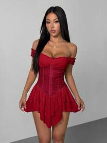 SHEIN PETITE 女士白色褶皱提花腰部拼接荷叶边露肩层叠荷叶边A字雪纺迷你连衣裙，优雅适合派对和年轻女孩穿着，白色束身连衣裙，白色迷你连衣裙，白色派对服装，束身连衣裙 - 紅色 - 查看 6