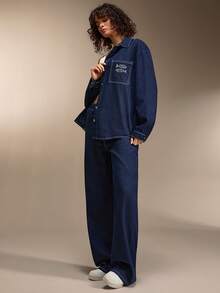 SHEIN Denim Summer Two Pieces Denim Set Elastic Thin Fabric Pant And Embroidery Shirt - Dark Wash - View 4