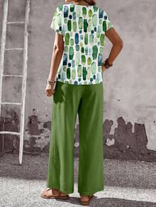 EMERY ROSE 2pcs/Set Women Casual Loose Fit Round Neck Top And Wide Leg Pants, Versatile Outfit For Spring/Autumn,Casual - Multicolor - View 2