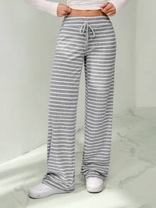 SHEIN Tall 女士休闲条纹低腰抽绳运动裤，阔腿瑜伽/家居裤，秋冬季适合外出穿着 - 淺灰色 - 查看 3