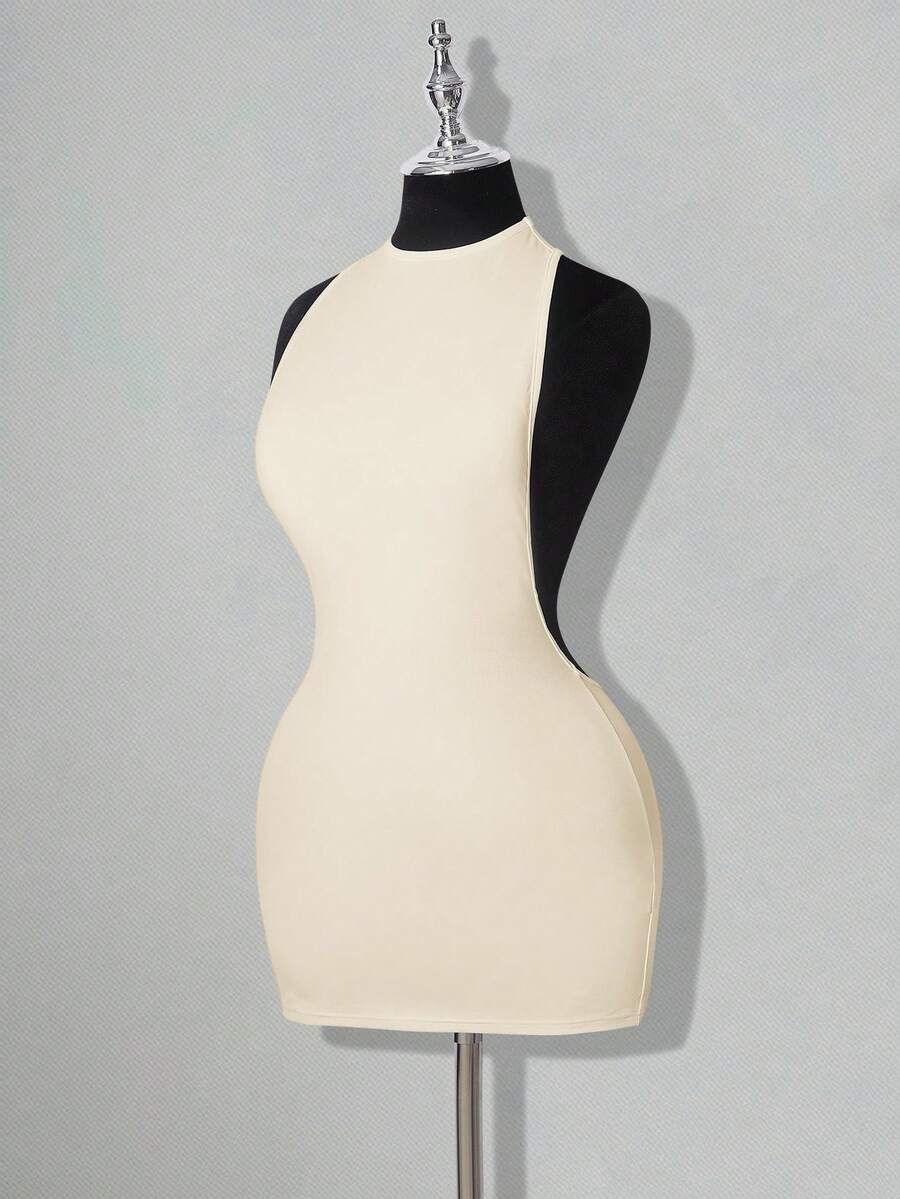 SHEIN ICON 纯色交叉露背休闲迷你连衣裙 - 杏色 - 查看 1