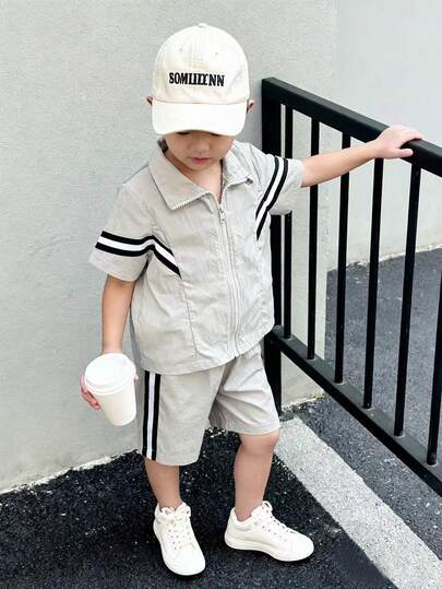 Boys' Zip-Up Set, Short Sleeve Shorts, Sporty Casual Chic, Outdoor Wear