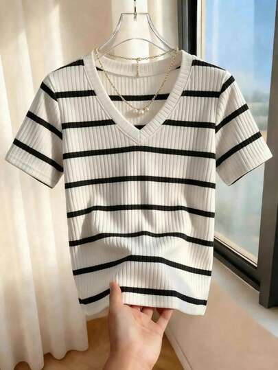 Franclia 女士休闲优雅黑白条纹罗纹V领短袖宽松加厚T恤，夏季上衣，适合日常穿着/教师节/商务场合/通勤