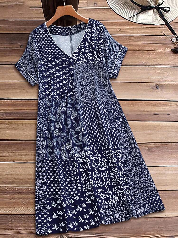 Plus Size Women Vacation Cashew Print V-Neck Short Sleeve Dress\Summer Summer Dress  Summer Outfits Summer Clothes Spring Dress Spring Outfit Women Spring Clothing Country Style For Women Country Dress For Women Vacation Outfits Women