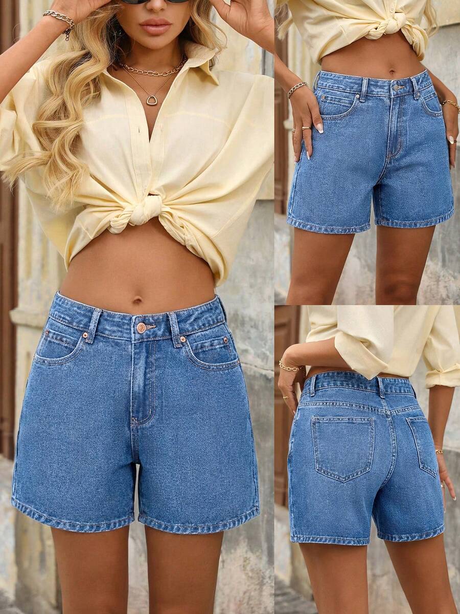 EMERY ROSE Women's Solid Color Slant Pocket Casual Versatile Denim Shorts - Light Wash - View 1