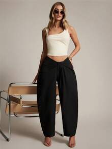 Hauture Women's Low Front With Ruched Detail Stretch Woven Barrel Pant - Black - View 1