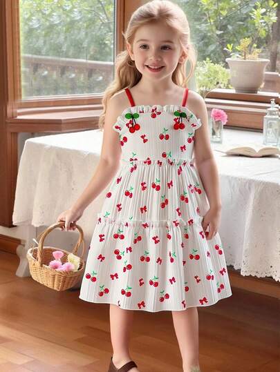 SHEIN Vestido de niña con estampado digital, decoración floral 3D y volantes, informal adecuado para la playa, vacaciones, fiesta, verano