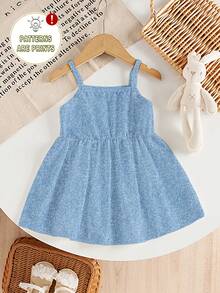 SHEIN Playful Pals Baby Girl Elephant, Giraffe, Sheep Animal Print Knit Cute Comfortable Denim Effect Contrast Striped Cami Dress, Summer - Multicolor - View 2