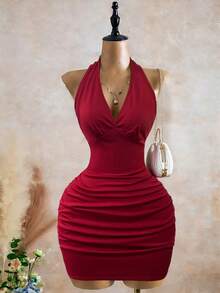 INAWLY Women's Slim Fit Sexy Backless V-Neck Halter Dress - Red - View 5