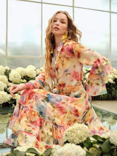 WOMEN'S FLORAL PRINT RUFFLE DETAIL ROMANTIC ELEGANT LONG SLEEVE SHIRT, SPRING/SUMMER