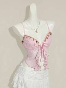 SHEIN ICON Áo hai dây buộc eo, xẻ tà, chất liệu jacquard có họa tiết. - Màu tím hoa cà - Xem 7