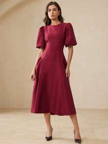 Revavyn Zweifarbiges Bambus-Knoten-Design, lässiges Bindegürtel-Maxikleid mit Puffärmeln Einfarbig - Bordeaux - Übersicht 3