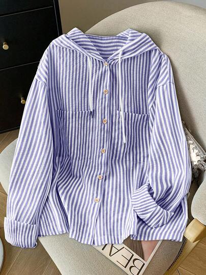 GlowEve CURVE Plus Size Women's Elegant Striped Shirt Dress, Lightweight Loose Hooded Sweatshirt, Suitable For Summer And Autumn