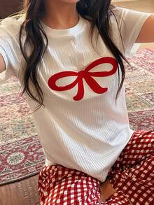 SHEIN Napfluff Cute Bow Embroidered Top & Plaid Pants Women Pajama Set - Multicolor - View 4